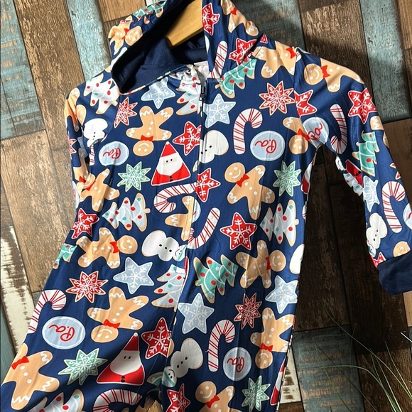 Kids 11/12 Christmas Themed zip front hooded Pajamas - Navy - Picture 8 of 14